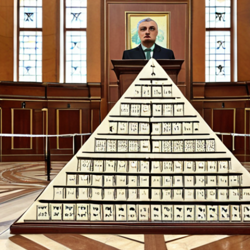 **

Prompt: Bulgarian constitution, legal pyramid diagram with constitution at the base, parliament building in Sofia, representing law creation, scales of justice reflecting court system, emphasizing fairness and equality.

**