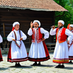 ** A vibrant village festival scene in Bulgaria, inspired by Rubin Mihailov's music. People are fully clothed in traditional, colorful folk costumes, dancing and celebrating. Traditional Bulgarian instruments like the gaida and kaval are being played. Safe for work, appropriate content, fully clothed, professional photography, perfect anatomy, natural proportions, modest, family-friendly.

**