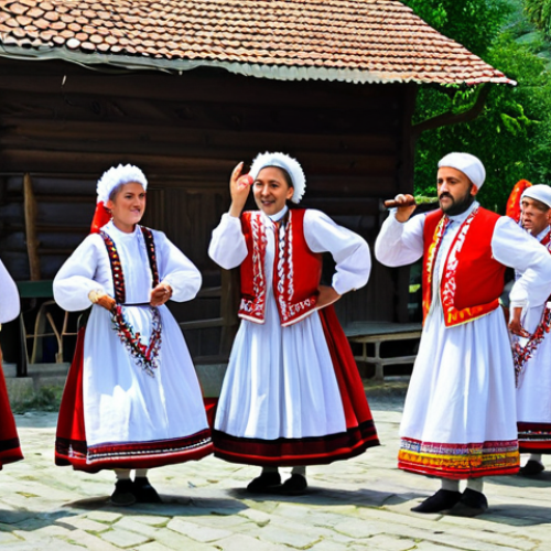 ** A vibrant village festival scene in Bulgaria, inspired by Rubin Mihailov's music. People are fully clothed in traditional, colorful folk costumes, dancing and celebrating. Traditional Bulgarian instruments like the gaida and kaval are being played. Safe for work, appropriate content, fully clothed, professional photography, perfect anatomy, natural proportions, modest, family-friendly.

**