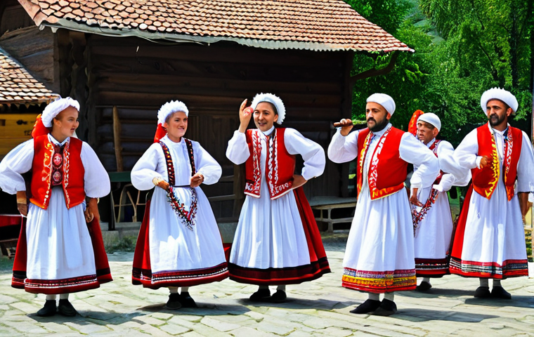 ** A vibrant village festival scene in Bulgaria, inspired by Rubin Mihailov's music. People are fully clothed in traditional, colorful folk costumes, dancing and celebrating. Traditional Bulgarian instruments like the gaida and kaval are being played. Safe for work, appropriate content, fully clothed, professional photography, perfect anatomy, natural proportions, modest, family-friendly.

**